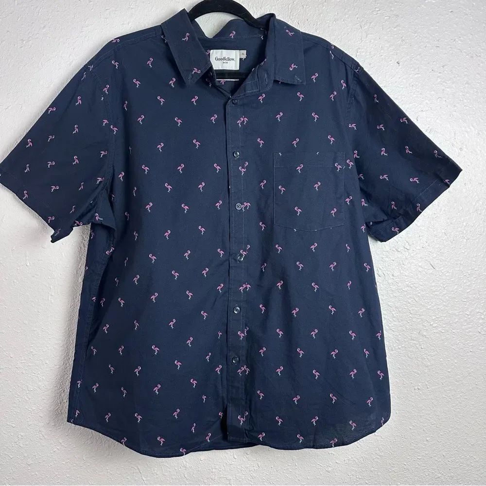 ⭐️Good fellow & Co Men's Navy Flamingo Print Shirt Size XL Slim
